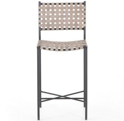 **NEW** 25" COUNTER STOOL, TOP GRAIN WOVEN SMOKE GREY LEATHER W/ IRON SLIM GUNMETAL GREY BASE, MODERN URBAN FARMHOUSE CONTEMPORARY INDUSTRIAL $699