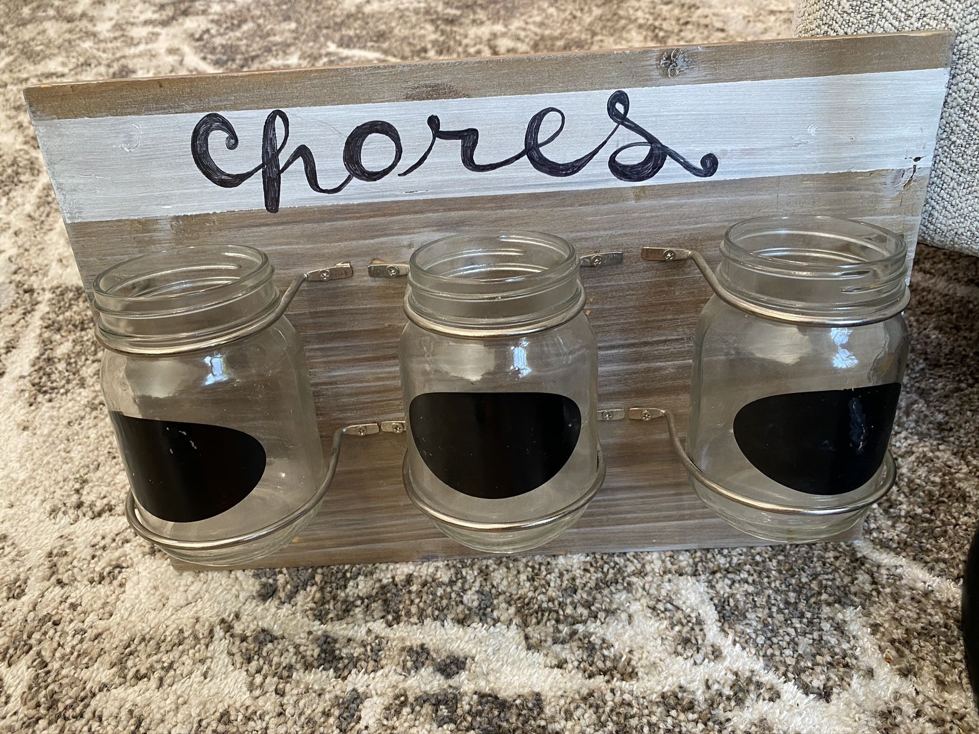 3 chore jars attached 2 wood Measures 10x15”. Great fun for the family. Can use chalk for names