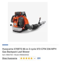 New Husqvarna 570BTS 66-cc 2-cycle 972-CFM 236-MPH Gas Backpack Leaf Blower