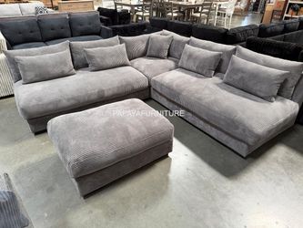 Mid Century Modern Minimalist Style Armless Sectional Sofa and Ottoman Set Living Room Designer Couch Dark Gray Fabric Beige Chocolate Dark Brown
