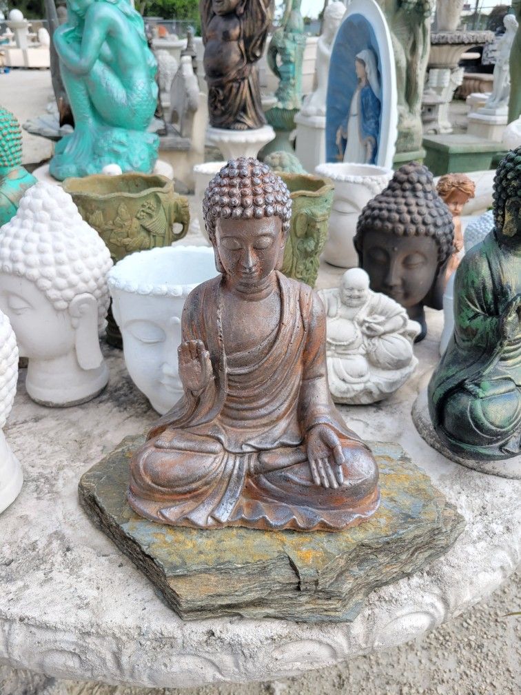 Concrete Buddha Statue with Stone Slab / Cement Garden Backyard Buddhas