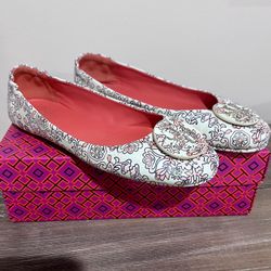 Tory Burch Minnie Travel Ballet Flats Hicks Garden Floral Leather 9.5 Box + Bag