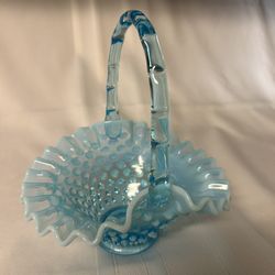 Fenton Blue Opalescent Hobnail Basket