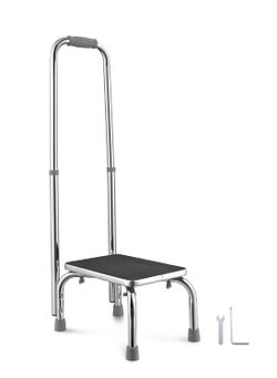 Medical Single Step Stool Footstool Chrome Steel w/ Handrail - Health Essentials