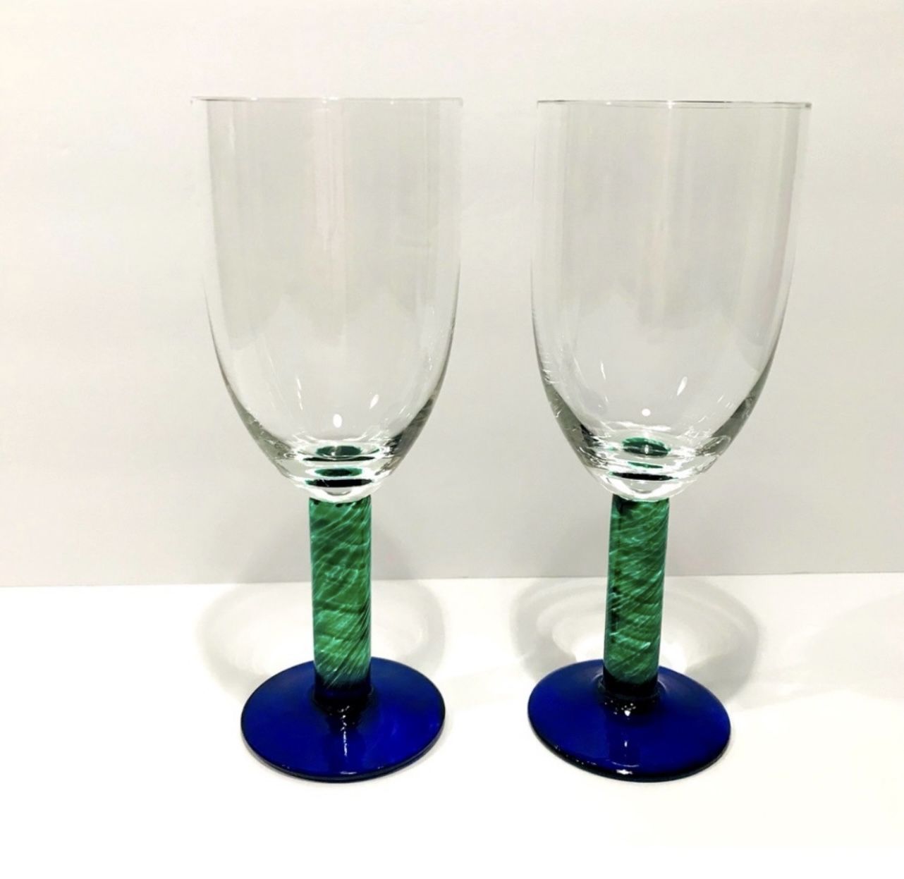 Vintage Fostoria Green Stem Blue Foot Set of 2 Wine Glasses 8”. Very good condition