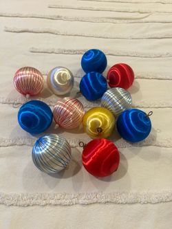 Vintage Satin Sheen Christmas Ornaments Lot-12 Red, Blue, Yellow, Striped