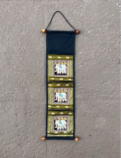 Vintage Thai elephant wall decor hanging 3-pocket organizer