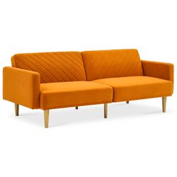 mopio 76.8" Futon Sofa Bed, Small Couch, Sleeper, Loveseat, Mid Century Modern Futon Couch, Sofa Cama, Couches for Living Room (Apricot Velvet)
