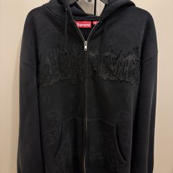 SUPREME LEATHER APPLIQUÉ ZIP UP HOODED SWEATSHIRT BLACK SZ LARGE