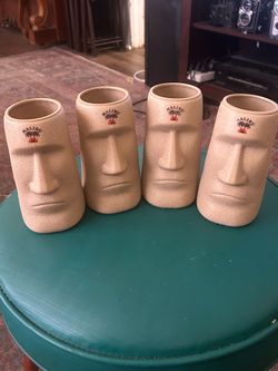 More rum, Dum Dum; Four Hard to Find Hard Plastic Easter Island Moai Promotional Mugs: