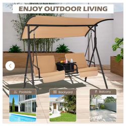 2-Person Canopy Metal Porch Swing Padded Chair Cooler Bag Rotatable Tray Beige