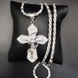 925 Sterling Silver CZ Cross Pendant Rope Chain Men’s Necklace Size 22”