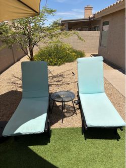 Adjustable Outdoor Chaise Lounge Chairs (Set of 2) + Side Table — Moving Sale