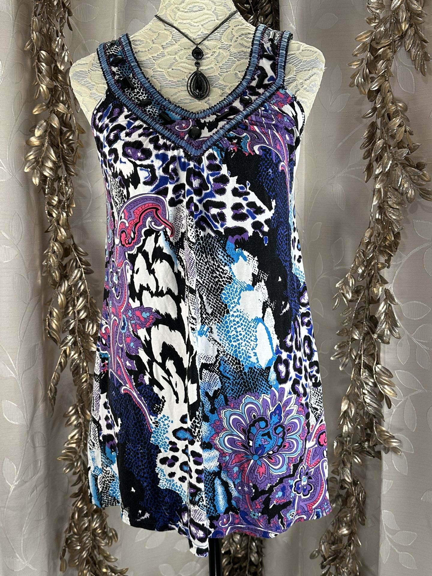Joyous & Free Beaded Boho Tunic Tank Top M – Vibrant & Flowy 90 Lisa Frank Vibes