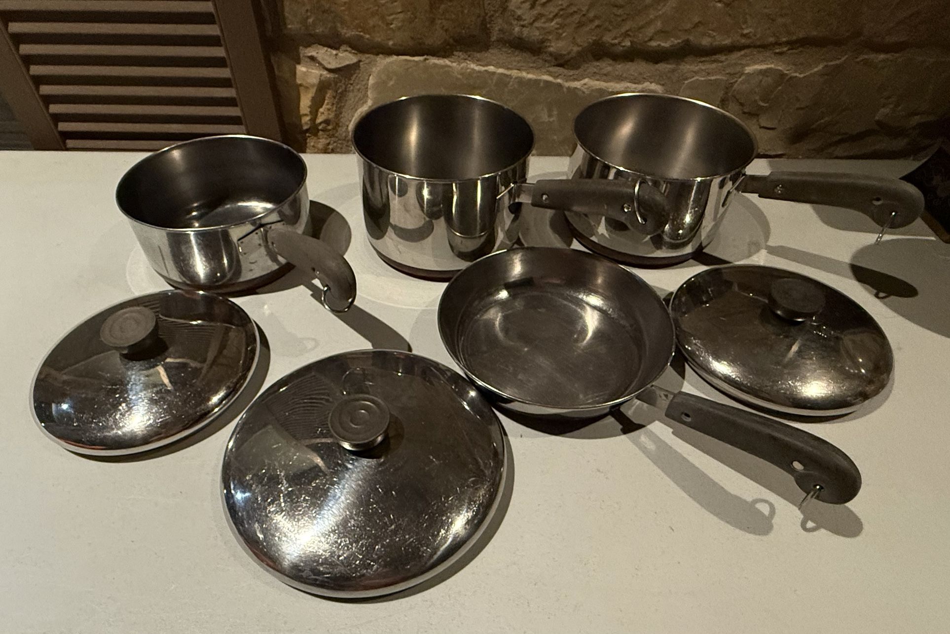 Vintage Copper Bottom Revere Ware 7pc Set Three Pots, Skillet & Three Lids