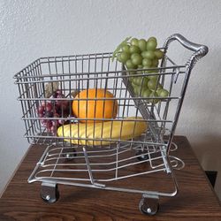 Vintage Miniature Shopping Cart Metal Fruit Basket | Chrome Retro