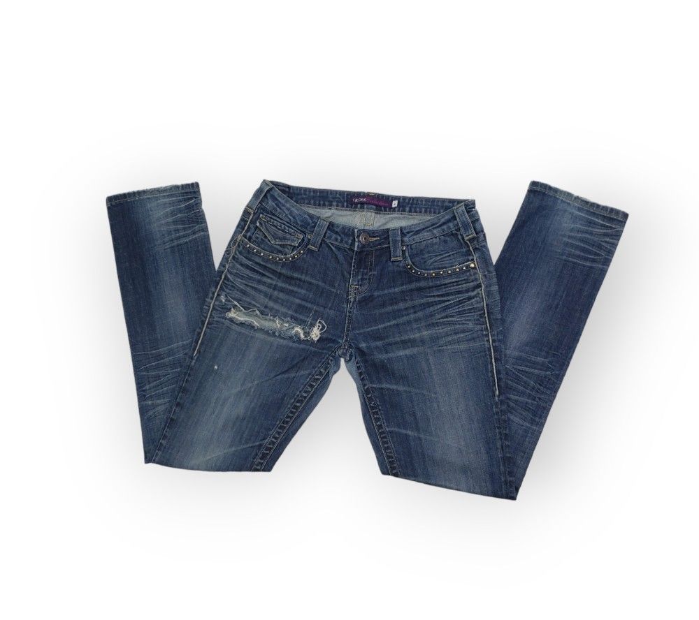 Dark Wash Distressed Holey Low Rise Straight Leg Jeans Vigoss Collection Size 9