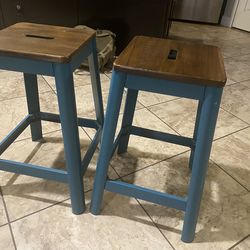 Set of 2 Wooden Bar Stools – Teal & Walnut Finish