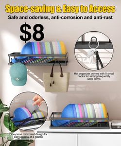 2 Wall-Mounted Metal Hat Racks – Multi-Hook Organizer for Up to 40 Baseball Caps – Sturdy Wall-Mounted Rack – Door/Wall Storage – Black