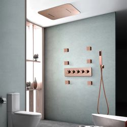 Rose Gold Music LED Flushed in 23X 15inch shower head 4 way thermostatic valve that each function run All together and separately