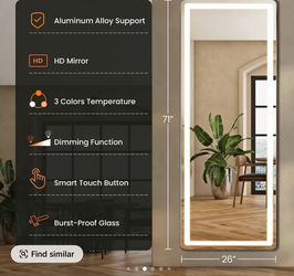 Stand Mirror Full Length with LED Lights, Floor Mirror Dimming & 3 Color Lighting, Large Mirror for Bedroom, Glass Decorations Supplies