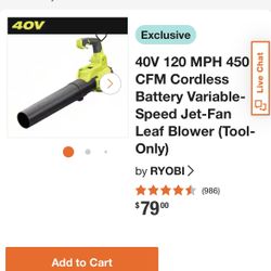 4OV 120 MPH 450 CFM Cordless Battery Variable-Speed Jet-Fan Leaf Blower (Tool-Only)