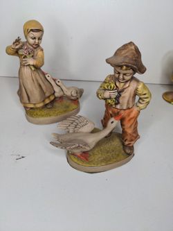 Vintage Holland Mold 1960's Boy And Girl with Geese Figurines Hand Painted