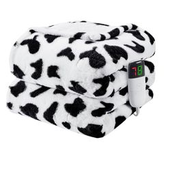 new Cow Print Heated Blanket Electric Throw, 50x60 Faux Rabbit Fur Heating Blanket with 10 Heating Levels & 8 Hours Auto Off, Soft Cozy Sherpa Winter 
