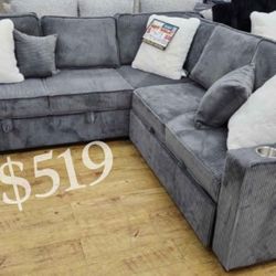 Beautiful Dark Gray 3-Pc Convertible Sectional Sofa With Storage, Pull-out Bed, And USB Port 