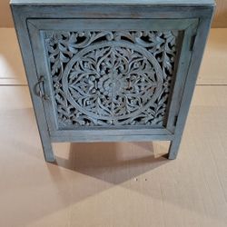 Reclaimed Solid Wood Light Blue Boho Bohemian Hand Carved  Side Console Media Table