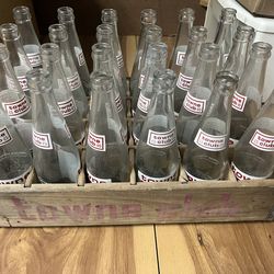 Vintage Towne Club bottles with wooden crate