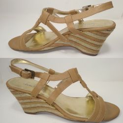Sam & Libby Women's Light Tan Wedge with Ankle Strap Size 8.5M