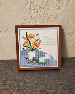 Friendship floral teacup framed tile wall decor