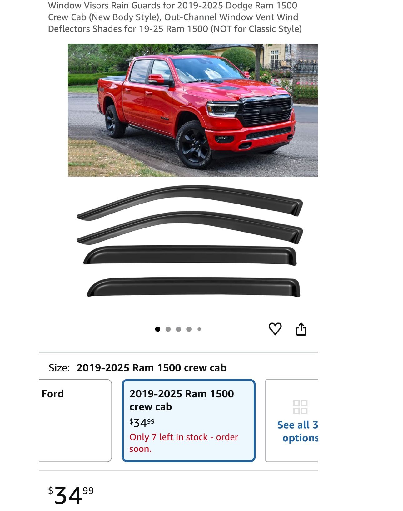 Window Visors Rain Guards for 2019-2025 Dodge Ram 1500 Crew Cab (New Body Style), Out-Channel Window Vent Wind Deflectors Shades for 19-25 Ram 1500 (N