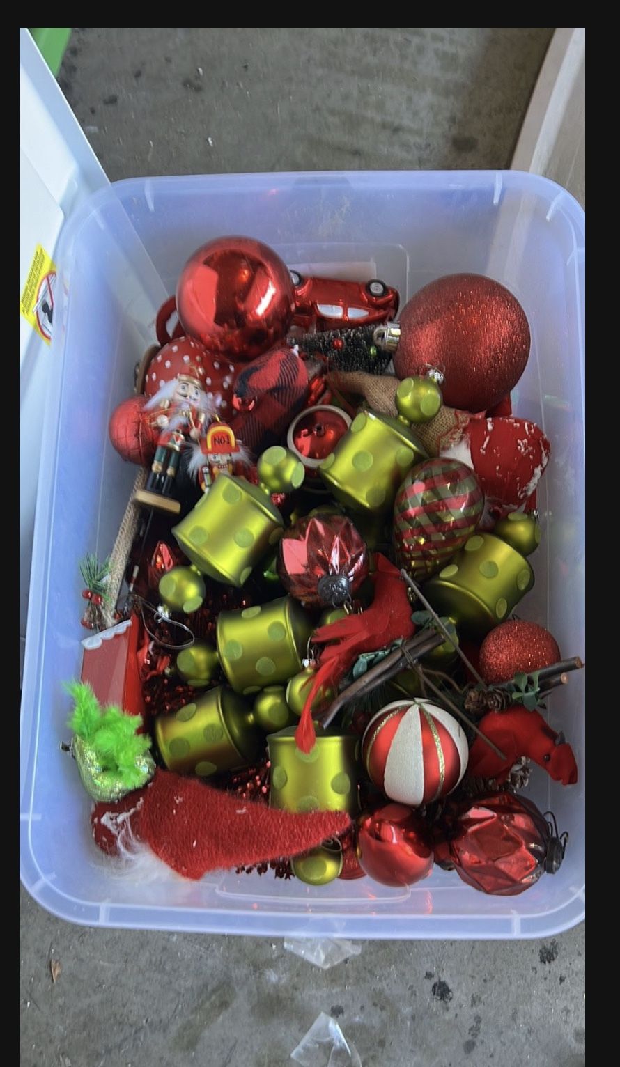 Bin Full Of Red Green Ornaments 