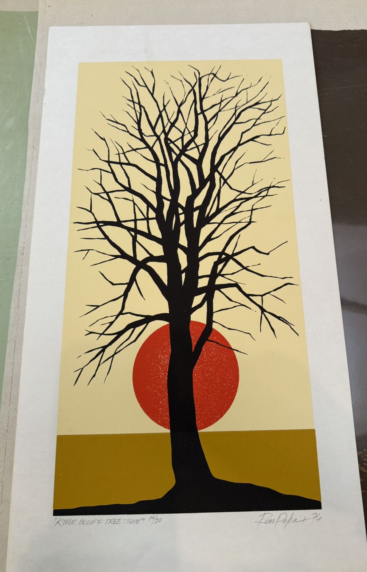Rare Last Known Modern Art Print Black Tree and Red Sun by Ron Pekar