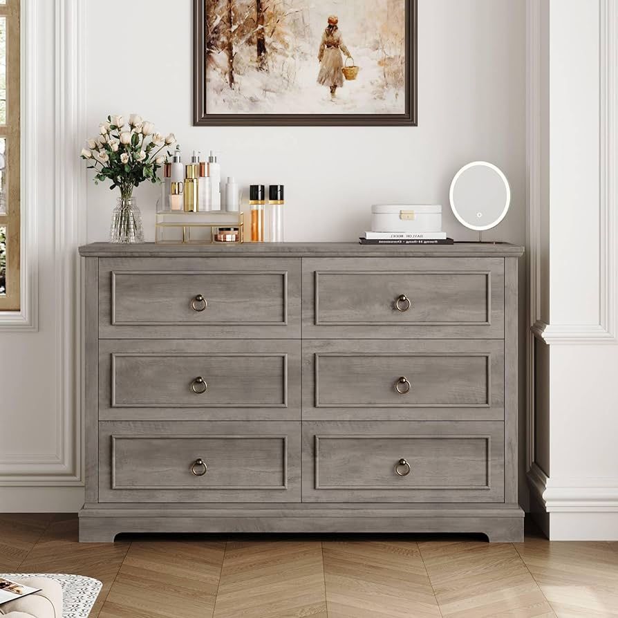 6 Drawer Dresser for Bedroom, Modern Farmhouse Chest of Drawers, 47.2" Wide Wood Double Dresser, Rustic Brown Storage Cabinet for Living Room, Entryw