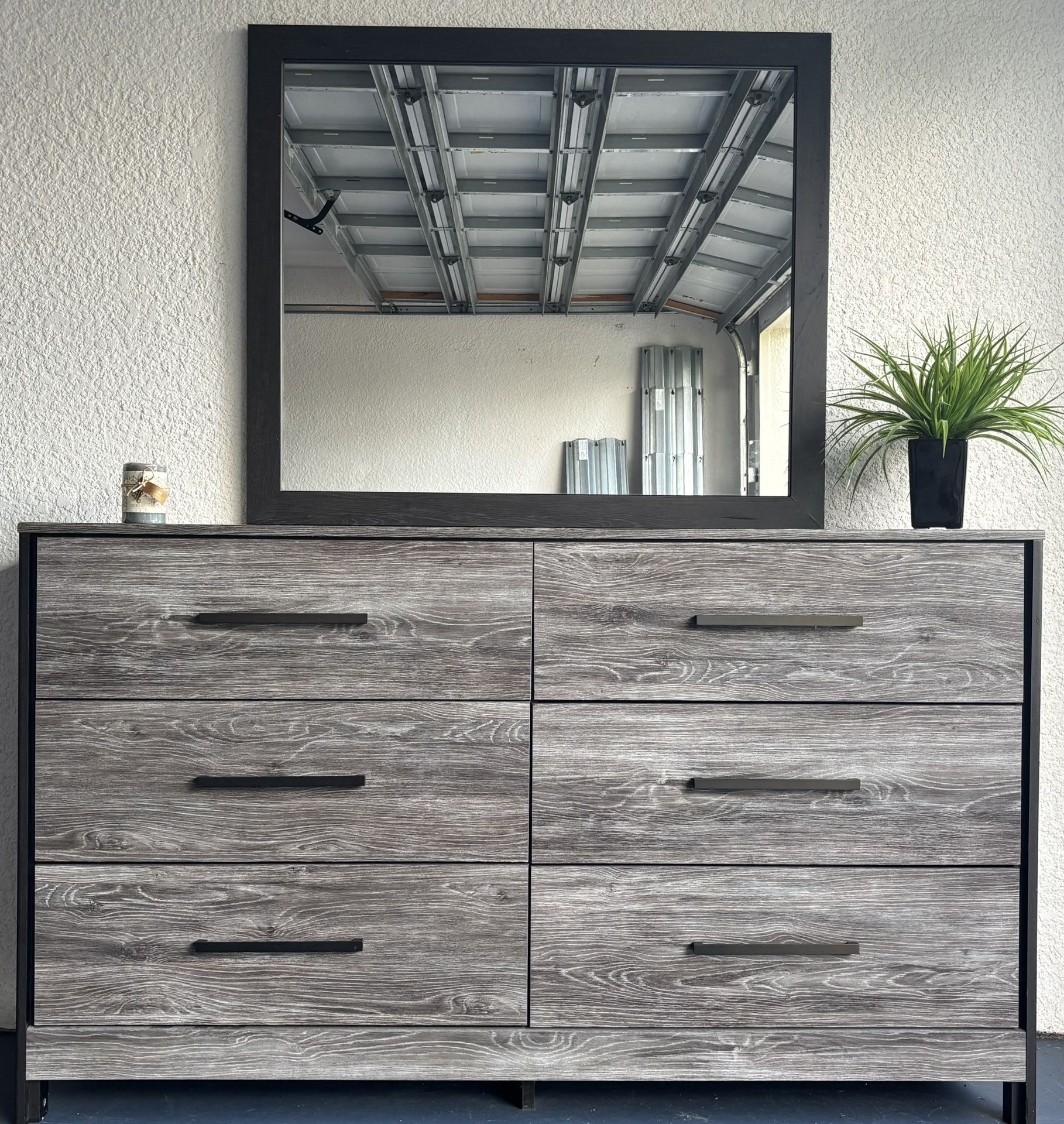 Modern Graywash Six Drawer Dresser W/ Mirror