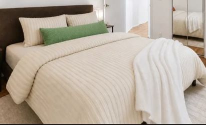 Queen Bed Frame, Brown Upholstered Headboard + Mattress