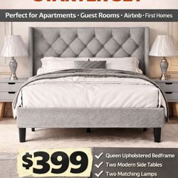 On sale! Brand new queen size bedframe, two lamps and two side tables 
