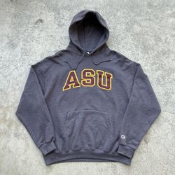 Vintage ASU Arizona State University Champion Sewn Patch Pullover Hoodie Sweater Grey 