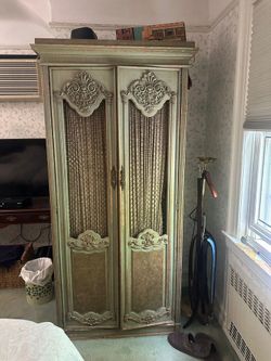 Antique vintage painted green/blue armoire with wire detail