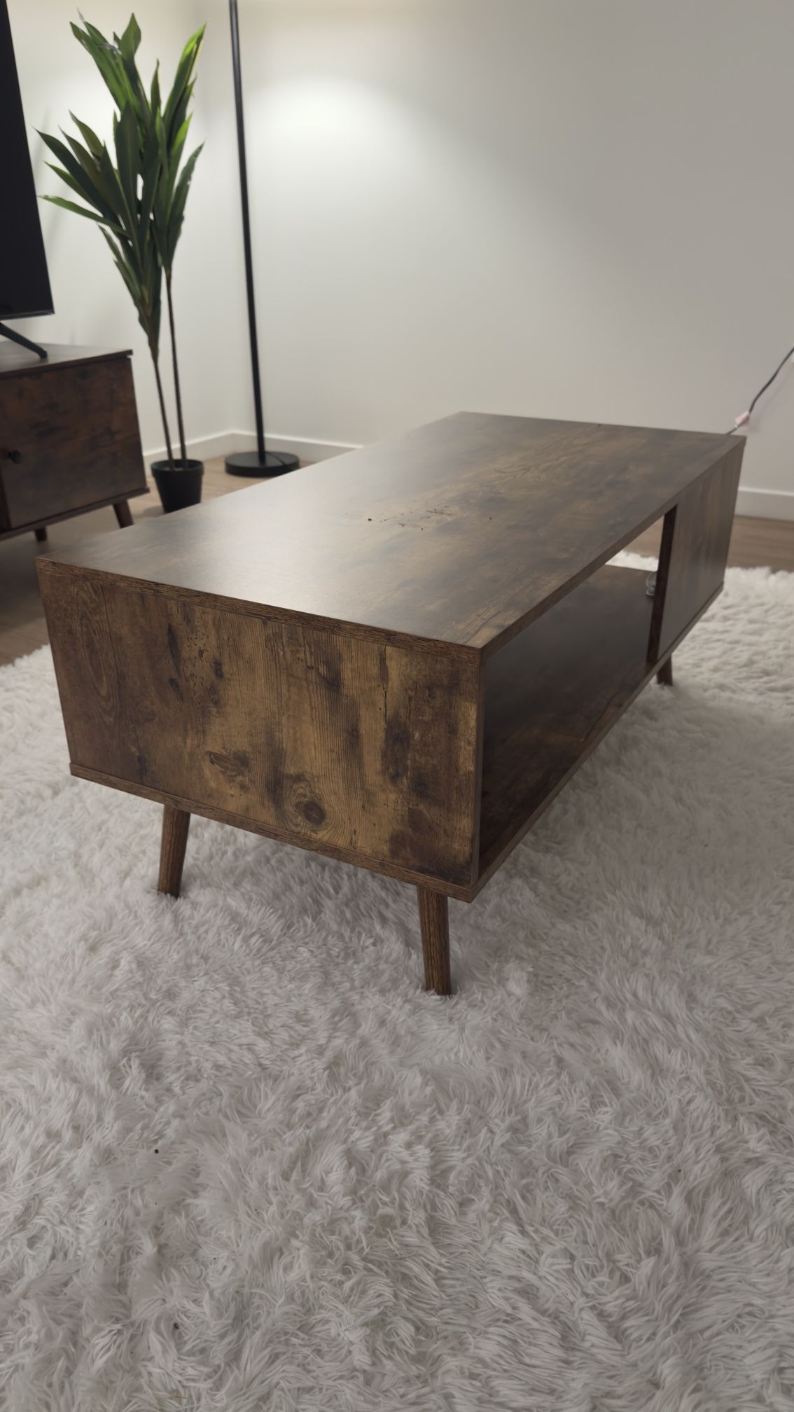 Mid-Century Modern Coffee Table – Open Shelf Storage, Walnut Finish