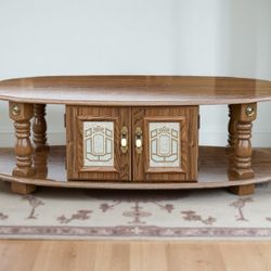 Oval Brown 2-Tier Coffee Table w/ Mirrored Cabinet Doors