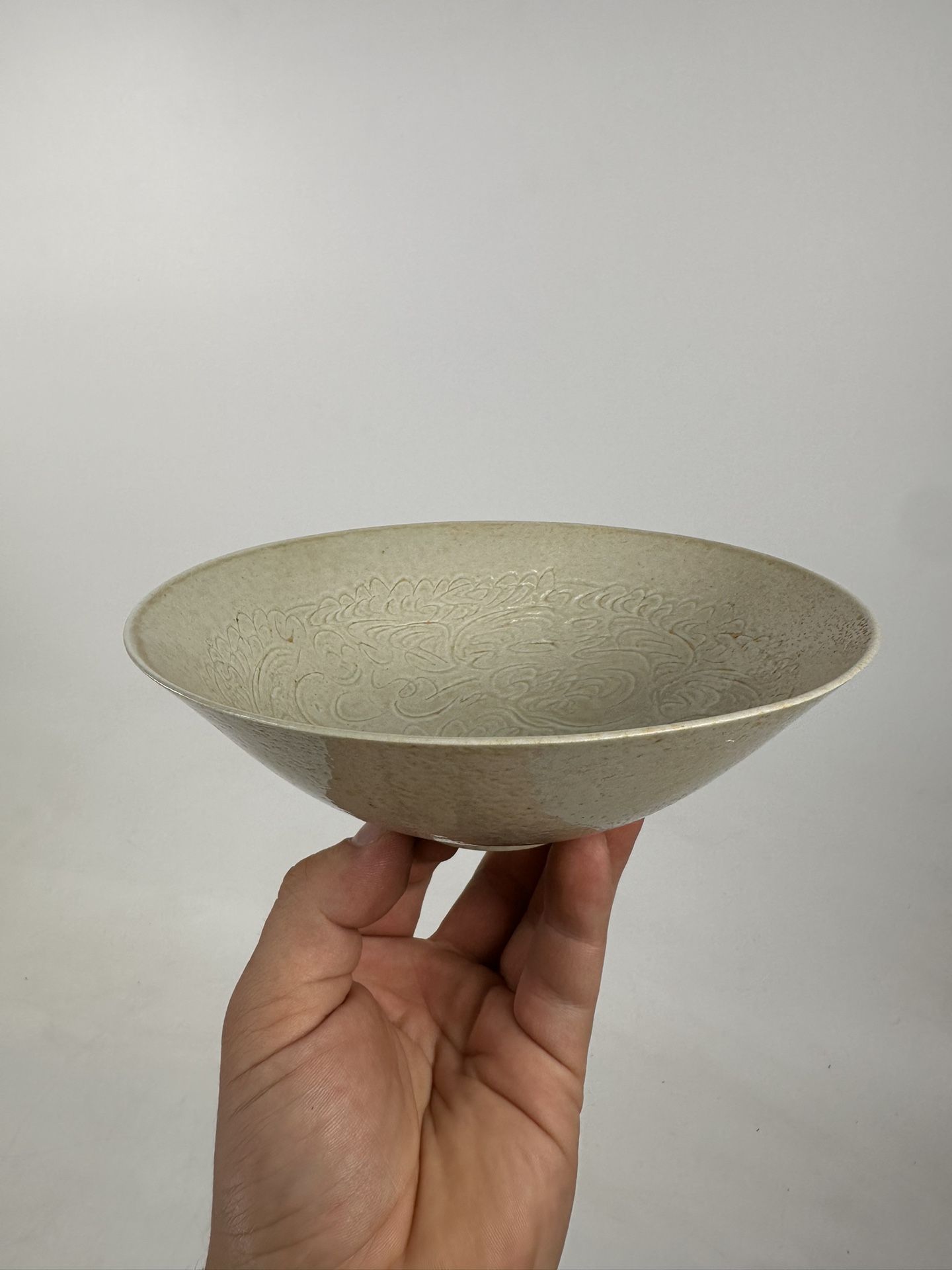 Antique Chinese Ding Ware Sung Style White Celadon Carved Bowl Dish Porcelain