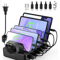 Charging Station for Multiple Devices, HSicily 6 Ports 50W Charger Station with 6 Cables Charging Dock Designed for Kindle iPhone iPad Cell Phones Tab