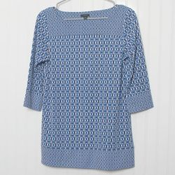 Blue Sleeve Boat Neck Poly Jersey Knit Tunic Top Small