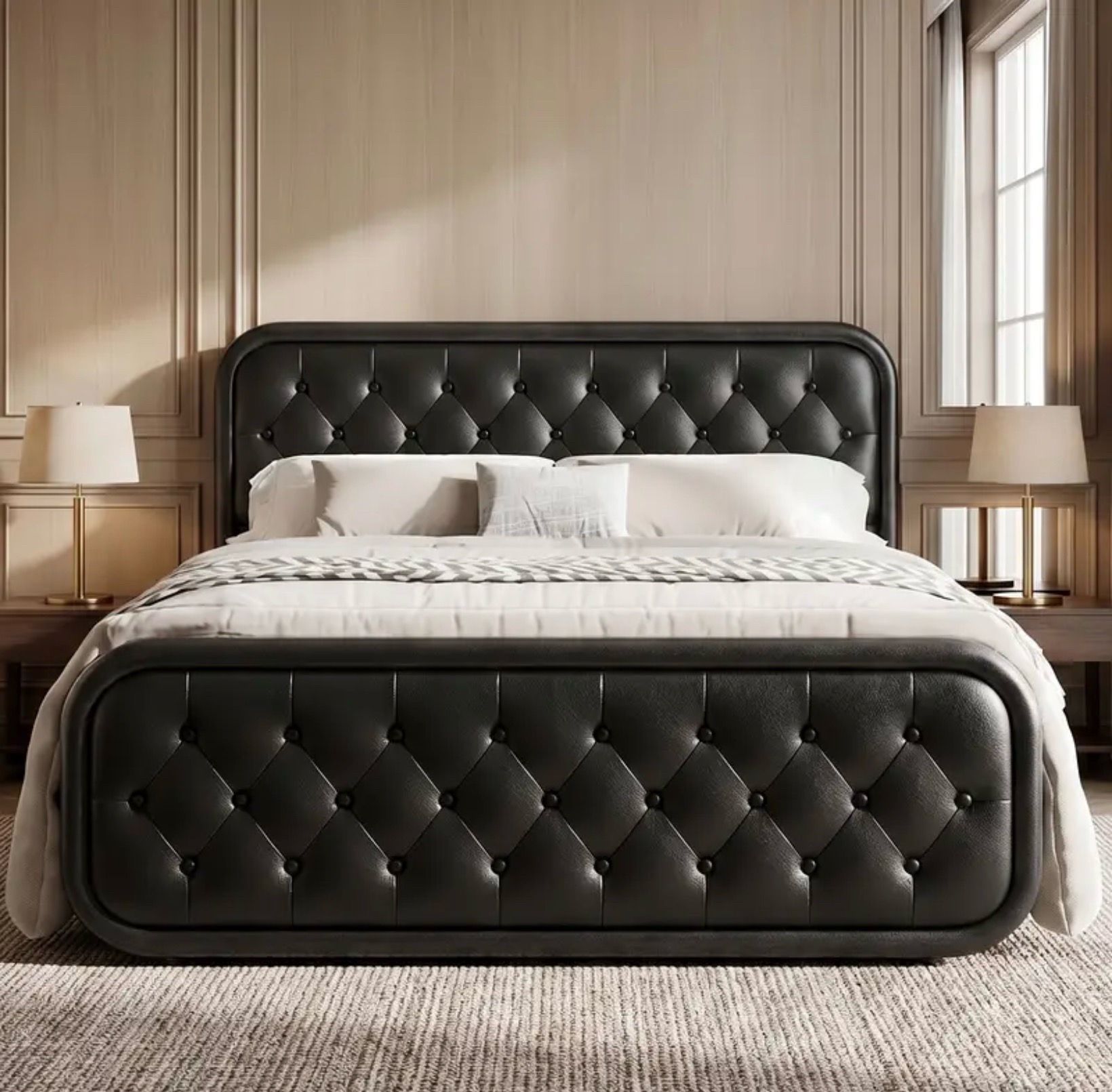 Queen bed new in the box never been open a black looking leather