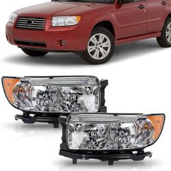 Halogen Headlights Chrome Housing Front Left And Right Side Headlamps Compatible With 2006 2007 2008 Subaru Forester Sport Utility 84001SA461 84001SA4