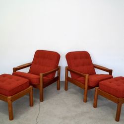 Pair Of 1970’s Mid Century Danish Modern Teak Lounge Chairs & Ottomans 